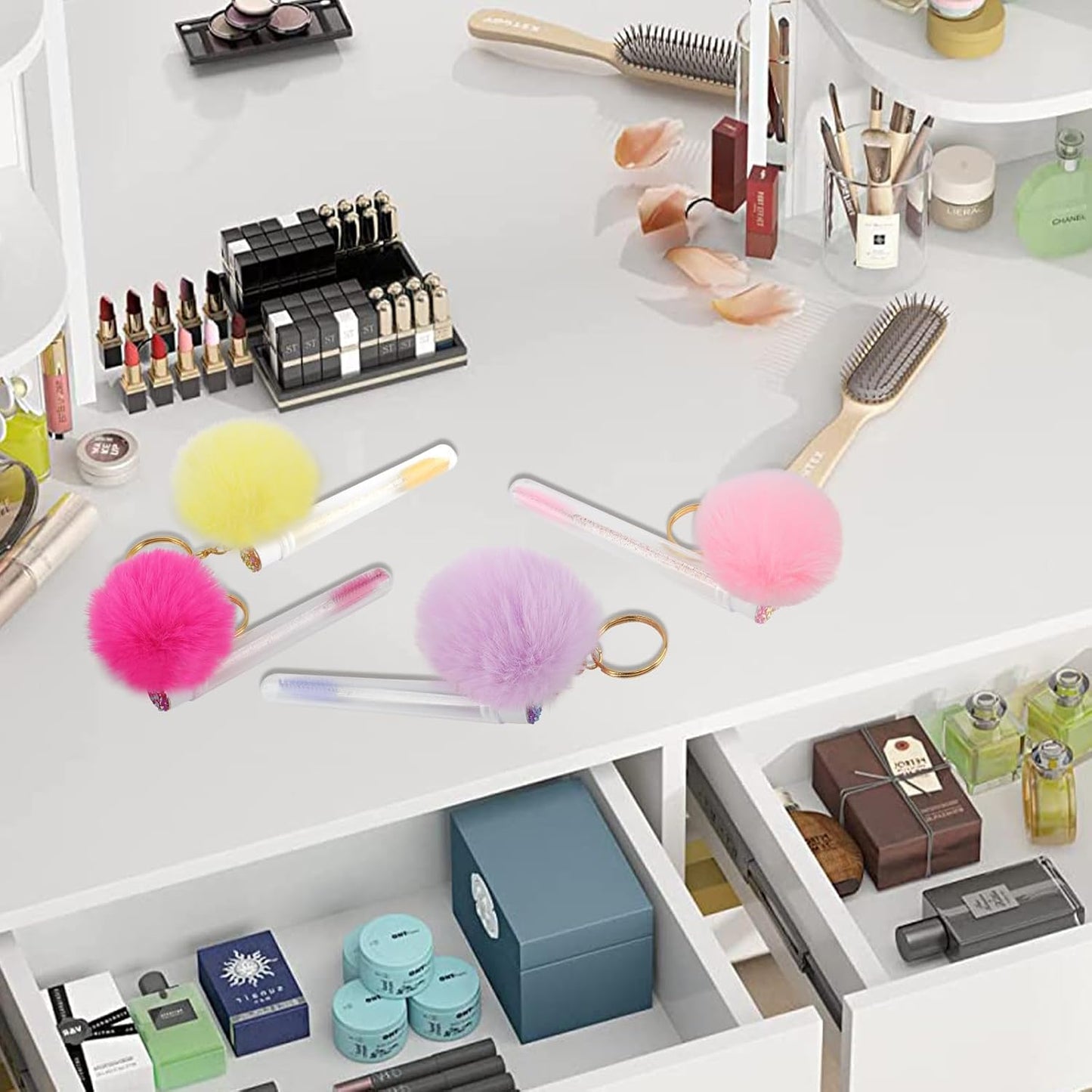 48 Pieces Disposable Mascara Wands Set,Include 24 pcs Disposable Crystal Lash Spoolies Brush and 24 Pieces Reusable Diamond keychain Empty Eyelash Brush Tubes for Women Girls Makeup Brush Kit