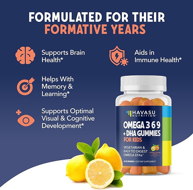 Omega 3 Kids Gummies | Omega 3-6-9 Vegetarian Plant-Based Fish Oil for Kids | EPA + DHA for Kids 2+ | Body & Brain Development | No Fishy Taste | Lemon & Orange Flavors | 60 Vegan Fish Oil Gummies