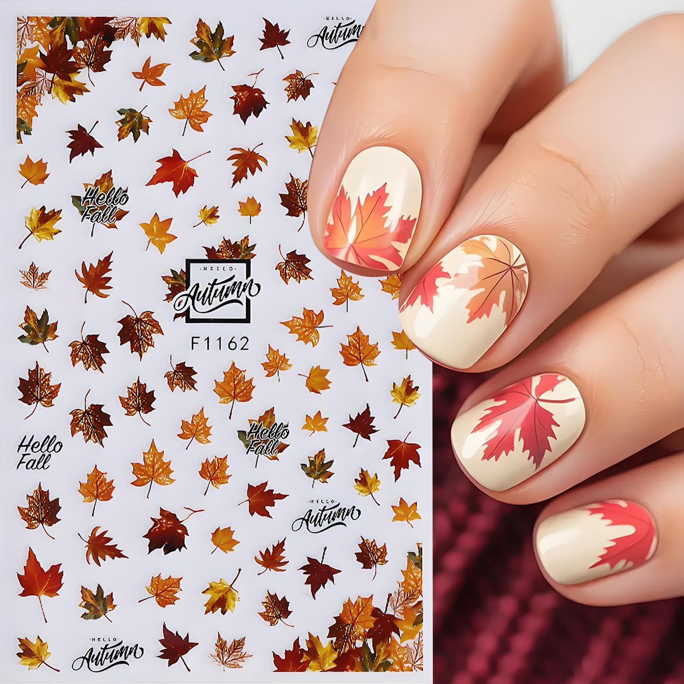 Fall Maple Leaves Nail Art Stickers for Thanksgiving, Maple Leaves Nail Decals 3D Self-Adhesive with Deer Pumpkin Flower Mushroom Design 6Pcs Nail Art Supplies for Women Nail Decoration