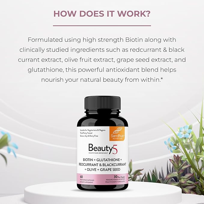 Sandhu's Beauty5 Capsules|60 Vegetarian Capsules| 30 Servings|Skincare Supplement| Supplement for Hair, Skin & Nail- Supports Collagen Synthesis| Keto & Vegan Friendly
