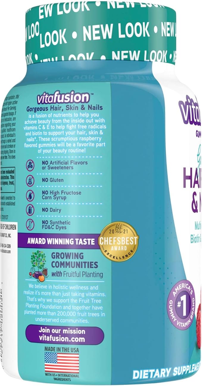 Vitafusion Gorgeous Hair, Skin Nails Multivitamin Gummy Vitamins, plus Biotin and Antioxidant vitamins CE, Raspberry Flavor, 100ct (33 day supply), from America’s Number One Gummy Vitamin Brand