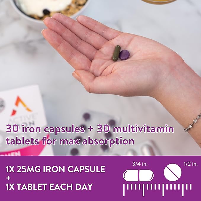 Active Iron for Women, Non-Constipating, 30 Active Iron High Potency Capsules with 30 Multivitamin Tablets, Helps Strengthen Your Immune System