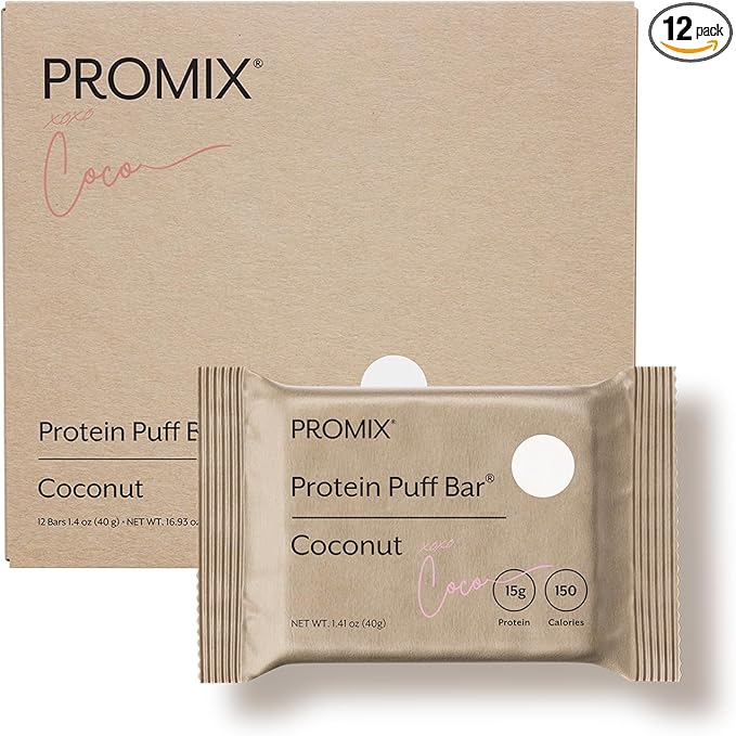 Promix Protein Puff Bars, 12-Pack - Coconut - Marshmallow Crispy Treat - Great Tasting & Healthy On The Go Snack - High Protein & Low Calorie - Non-GMO & Free From Gluten, Soy, & Corn
