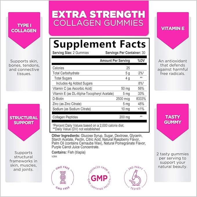 Collagen Peptides for Women - Collagen Gummy with Biotin for Hair, Skin, Nail, Bone & Joint Support, Extra Strength Hydrolyzed Collagen Peptides Supplement for Women & Men, Non-GMO - 60 Gummies