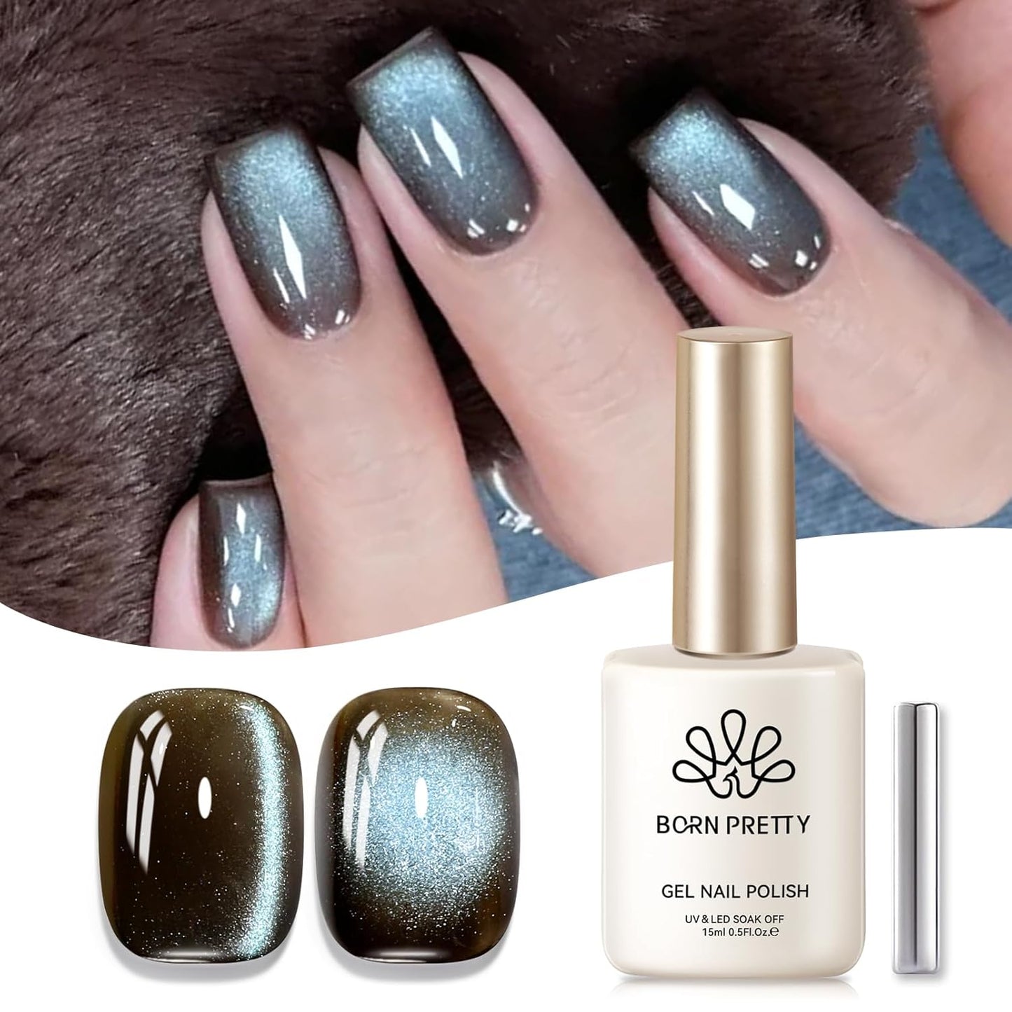 BORN PRETTY Cat Magnetic Eye Gel Nail Polish, Mint Chocolate Blue Glitter Cat Magnetic Gel Nail Polish Magnetic Nail Polish for Nail Art Manicure Salon DIY at Home 15ML