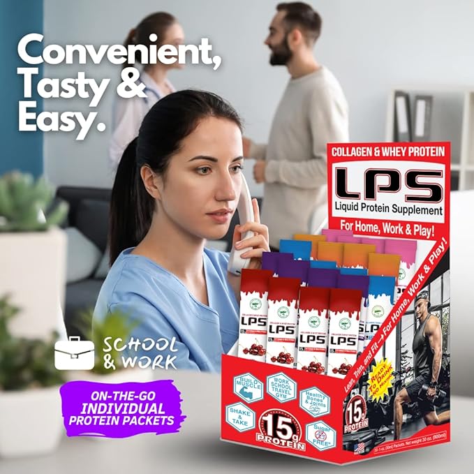 Nutritional Designs LPS Liquid Collagen & Whey Protein Supplement - Non-GMO Drink, Sugar-Free - Promotes Healthy Skin & Hair for Men & Women, Single Serve (Variety Box, 30)