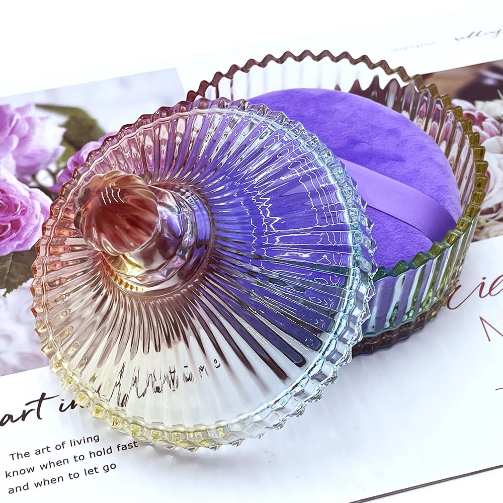 2 Pack Extra Large 5.2" Beige & Purple Powder Puffs and 5.3" Glass Container – Oversized Soft Body & Face Large Powder Puff Dusting Powder Jar Holder Case(Multi-Color Glass)