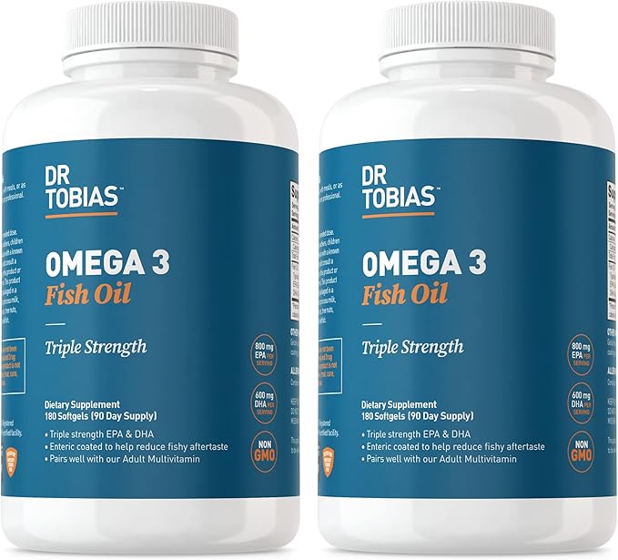 Dr. Tobias Omega 3 Fish Oil, 2000mg Triple Strength Omega 3 Supplement with 800mg EPA 600mg DHA Per Serving, Fish Oil Omega 3 Supplements for Heart, Brain & Immune Support, 360 Softgels, 180 Servings