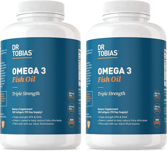 Dr. Tobias Omega 3 Fish Oil, 2000mg Triple Strength Omega 3 Supplement with 800mg EPA 600mg DHA Per Serving, Fish Oil Omega 3 Supplements for Heart, Brain & Immune Support, 360 Softgels, 180 Servings