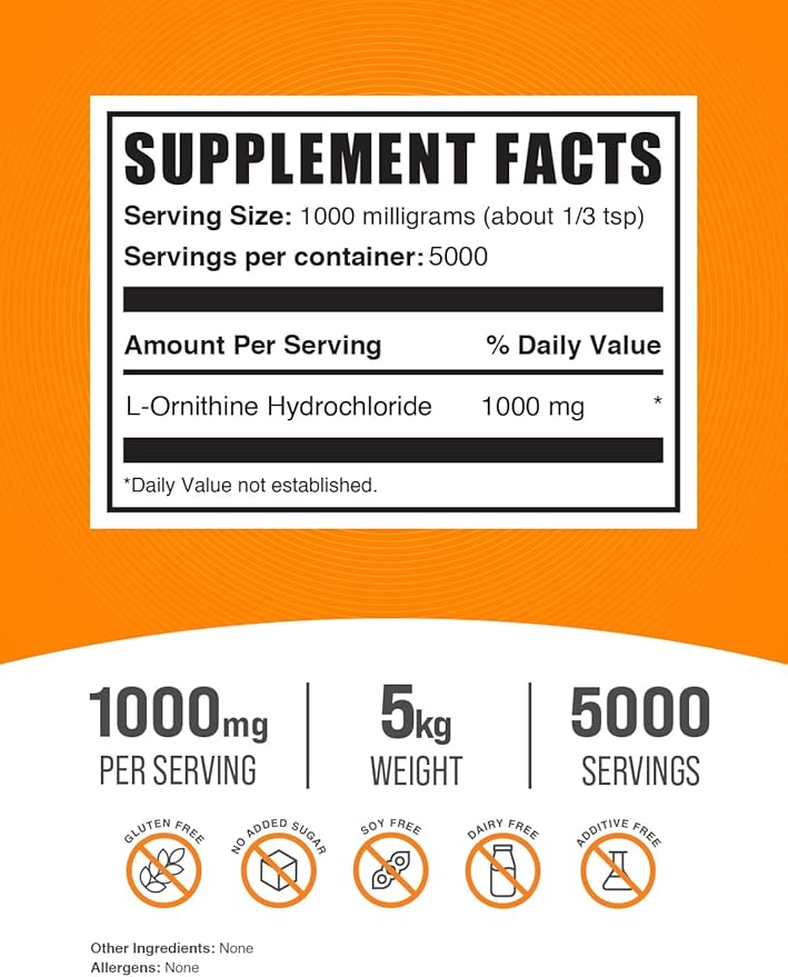 BulkSupplements.com L-Ornithine HCl Powder - L-Ornithine Hydrochloride, Ornithine Supplement - Amino Acids Supplement, Gluten Free, 1000mg per Serving, 5kg (11 lbs) (Pack of 5)