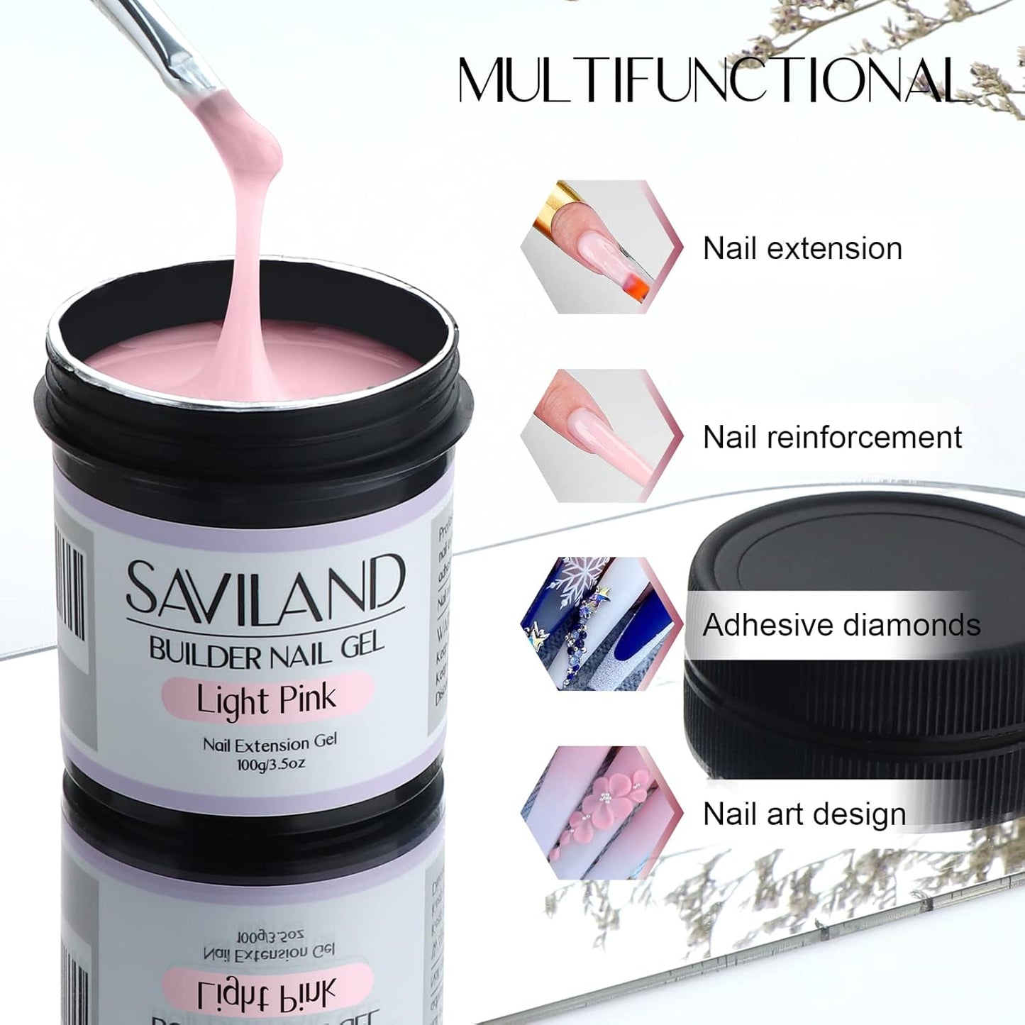 SAVILAND 100 G Builder Nail Gel - 3.5 oz Light Pink Hard Gel for Extension Nail Art Manicure Starter for Professional Nails Salon Home DIY