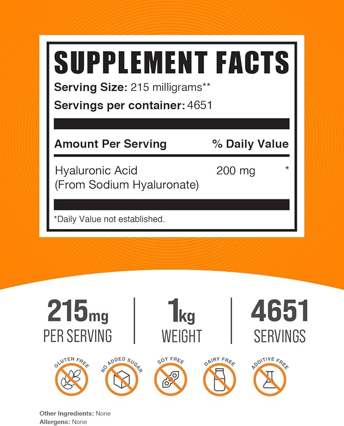 BulkSupplements.com Hyaluronic Acid Powder - Hyaluronic Acid Supplements, Hyaluronic Acid 215mg - Hyaluronic Acid Food Grade, Gluten Free - 215mg per Serving, 1kg (2.2 lbs) (Pack of 1)