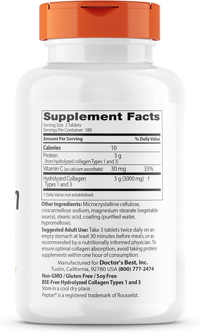 Doctor's Best Collagen Types 1 & 3 with Peptan, Non-GMO, Gluten Free, Soy Free, Supports Hair, Skin, Nails, Tendons & Bones, 1000 Mg, 540 Tablets
