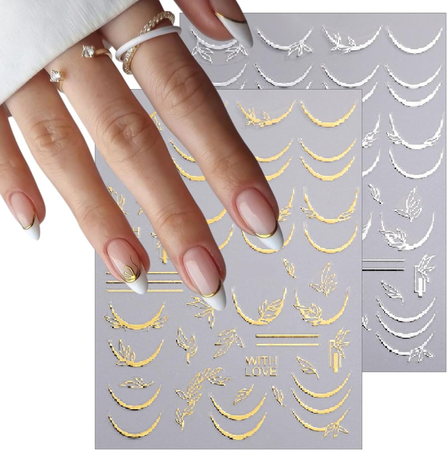 6 Sheets Lines French Tip Nail Art Stickers Gold Silver French Line Nail Decals 3D self-Adhesion Curve Lines Design French Nail Art Supplies for Women DIY Manicure Decoration