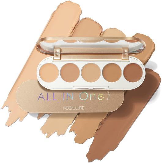 FOCALLURE #GoldenAge 5 in 1 Multi Uses Concealer Palette, 5 Colors Correcting Conceal Palette, Camouflage Contour Palettes for Dark Circles, Face Contouring Highlighter Pallet, NE02 MEDIUM-DEEP