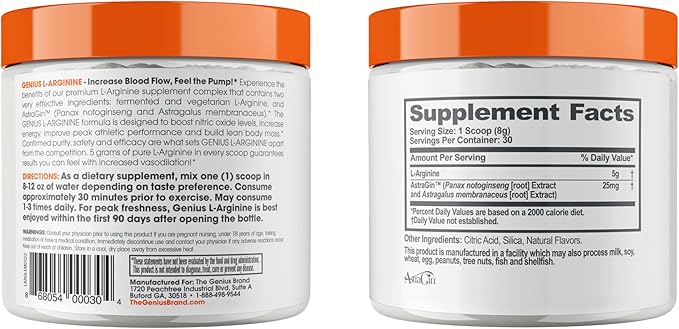 Genius L-Arginine Nitric Oxide Powder - Fermented L- Arginine Nutritional Supplements & Nitric Oxide Booster - Pre Workout, Natural Muscle Builder - 30 Servings, Lemon