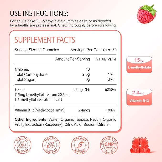 L-Methylfolate 15mg Gummies, Methylated Multivitamin with Methylated B12, Active 5-MTHF Form, Supports MTHFR Mutation, Methylation, Mood & Cognition, Vegan, Non-GMO, Raspberry Flavor, 60 Cts