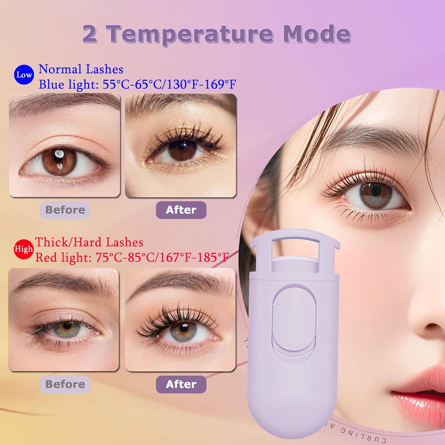 Heated Eyelash Curler - Wide Open Dual-Arc Design Heated Lash Curler - Electric Eyelash Curler - Type-C Rechargeable Mini Lash Curler Natural Curling 24H Long Lasting for Women - Purple