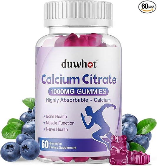 Calcium Citrate Gummies, Chewable Calcium Citrate 1000mg for Bone, Muscle & Immune Support, Ultimate Absorption Calcium Supplements for Women & Men, Blueberry, 60 Chews