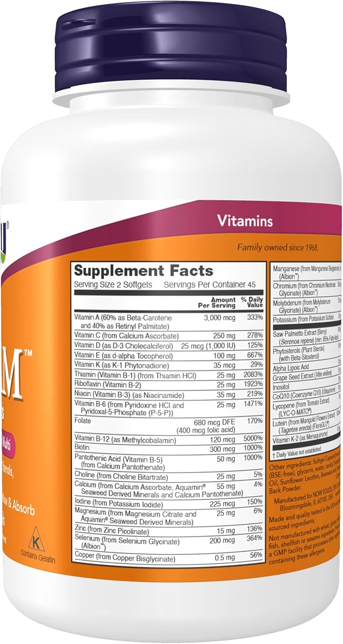 NOW Supplements, ADAM™ Men's Multivitamin with Saw Palmetto, Plant Sterols, Lycopene & CoQ10, 90 Softgels