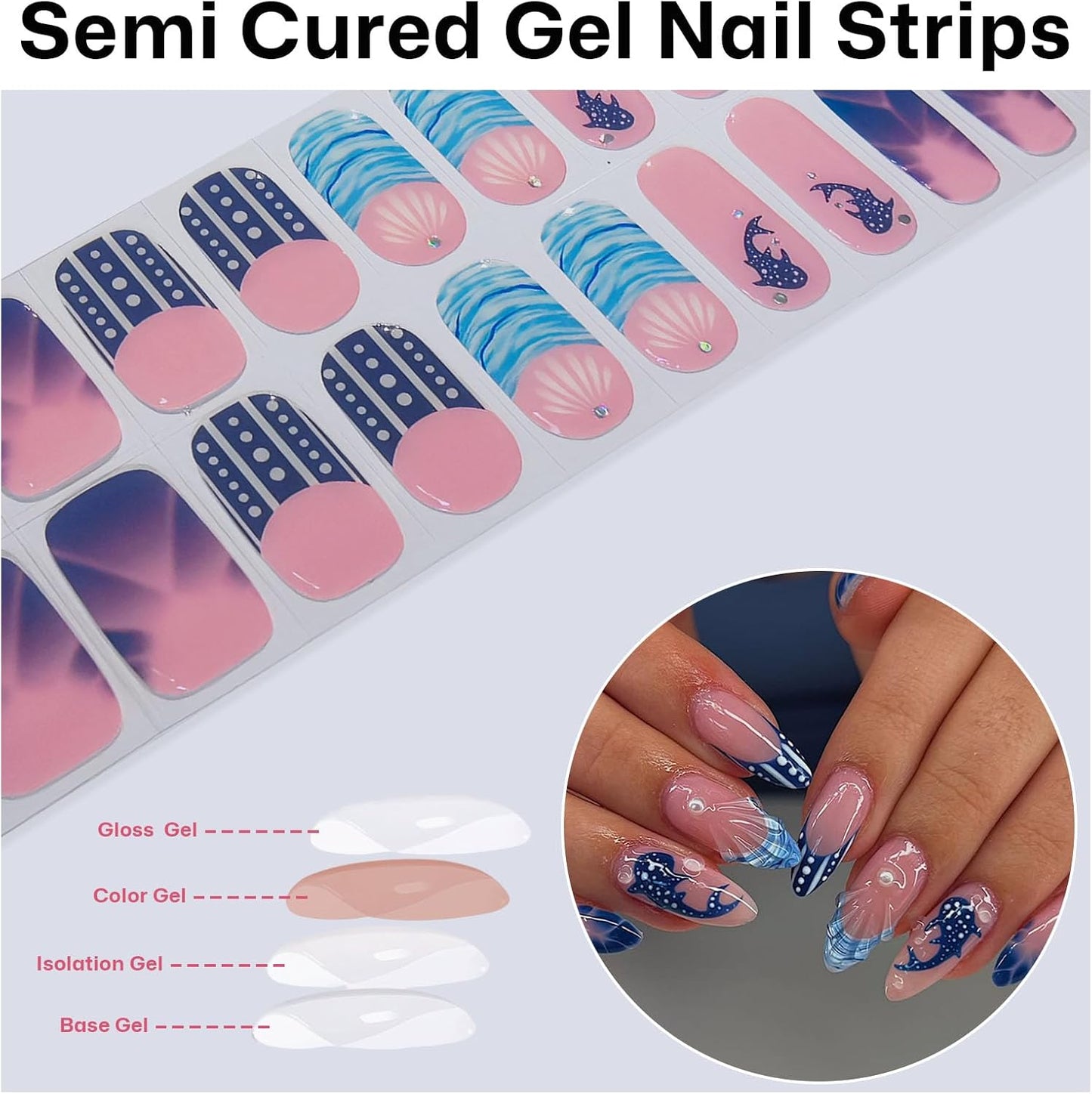 Semi Cured Gel Nail Strips with Shark Designs Gel Nail Stickers Blue Glossy French Tip Salon Quality & Easy to Use 20 Pcs for Women