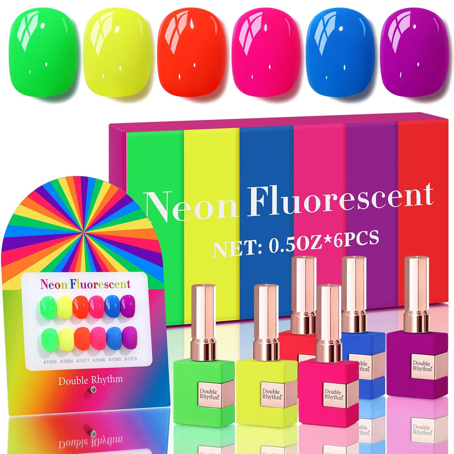 Double Rhythm 6 Pcs 15 ML Gel Polish Set Same Color Same Bottle Soak Off Gel Polish Kit Nail Art Manicure Salon DIY at Home for Women (Neon Green Red Pink Blue Purple-T6-12)