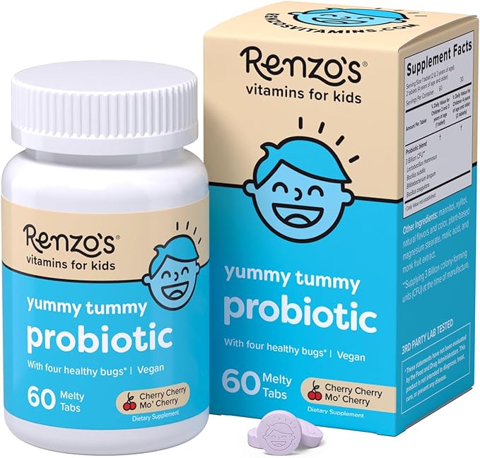 Renzo's Kids Probiotic - Dissolvable Probiotics for Digestive Health & Immune Support - 60 Cherry-Flavored Melty Tabs