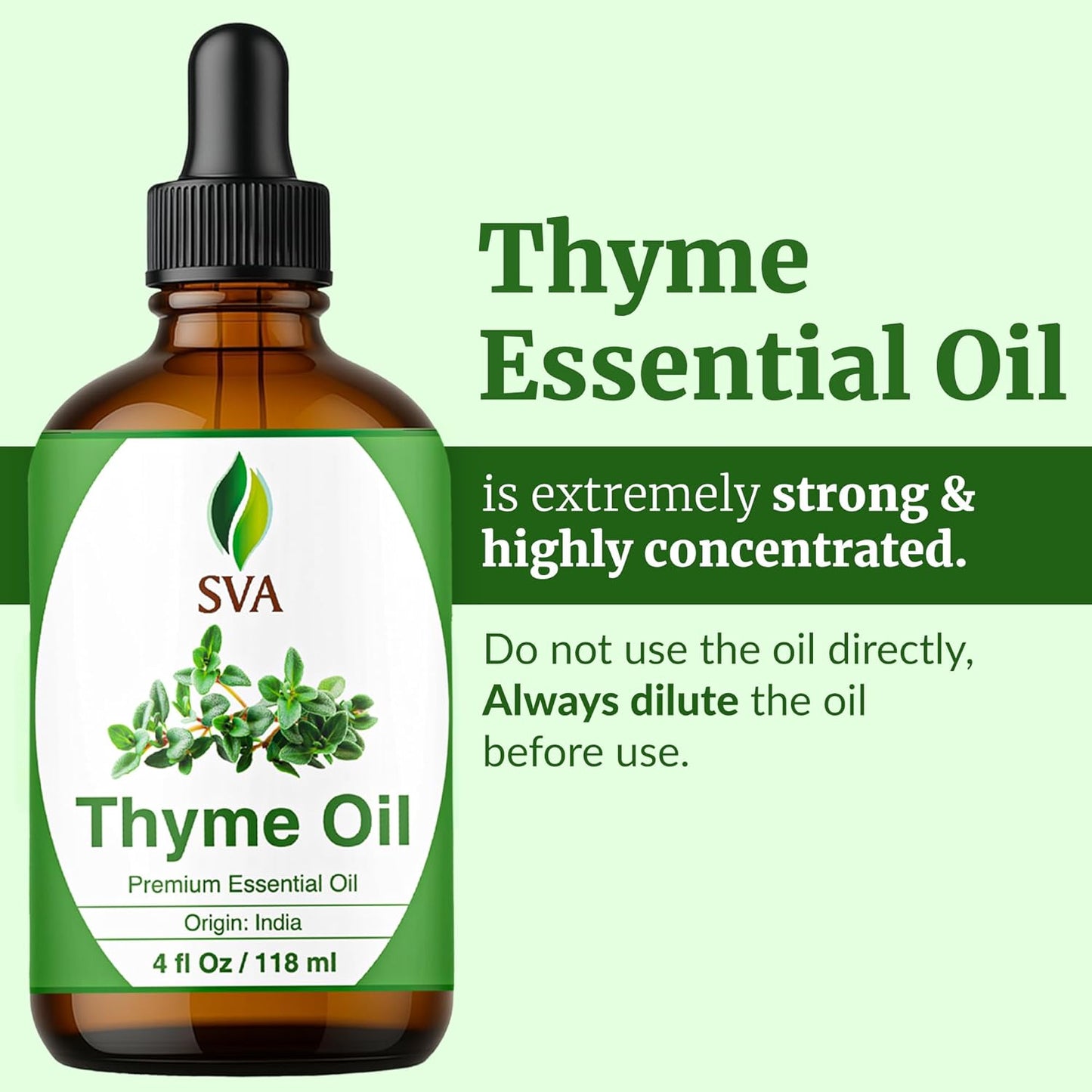 SVA Thyme Essential Oil – 4 Fl Oz – 100% Natural Thyme Oil - for Diffuser, Hair Care, Face, Skin Care, Aromatherapy, Scalp and Body Massage, Soap and Candle Making – with Dropper