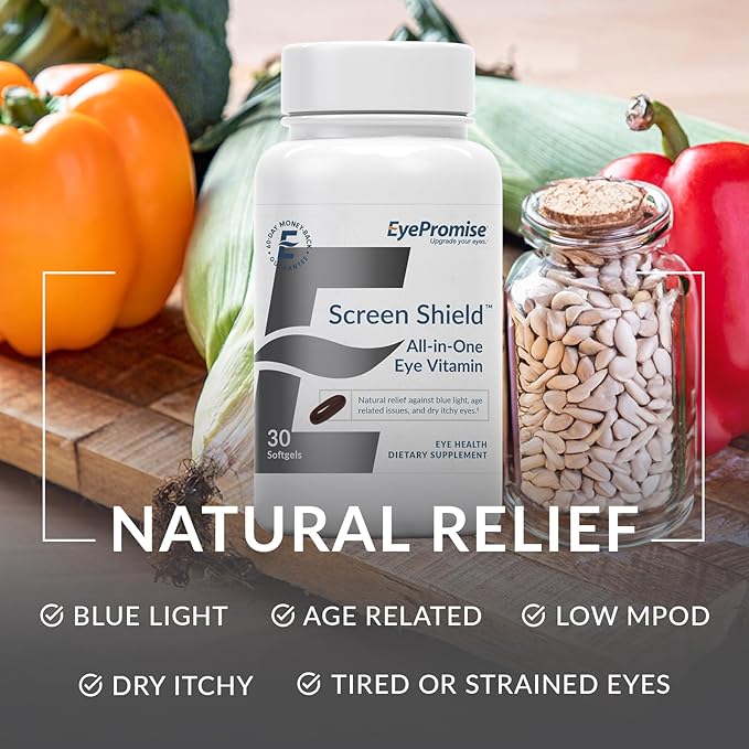 EyePromise Screen Shield All-in-One Eye Vitamin | Omega–3 Fish Oil, Bilberry, Lutein, Zeaxanthin, Vitamins A, C, B12, Zinc | 30 One-A-Day, Easy-Swallow Softgel Capsules