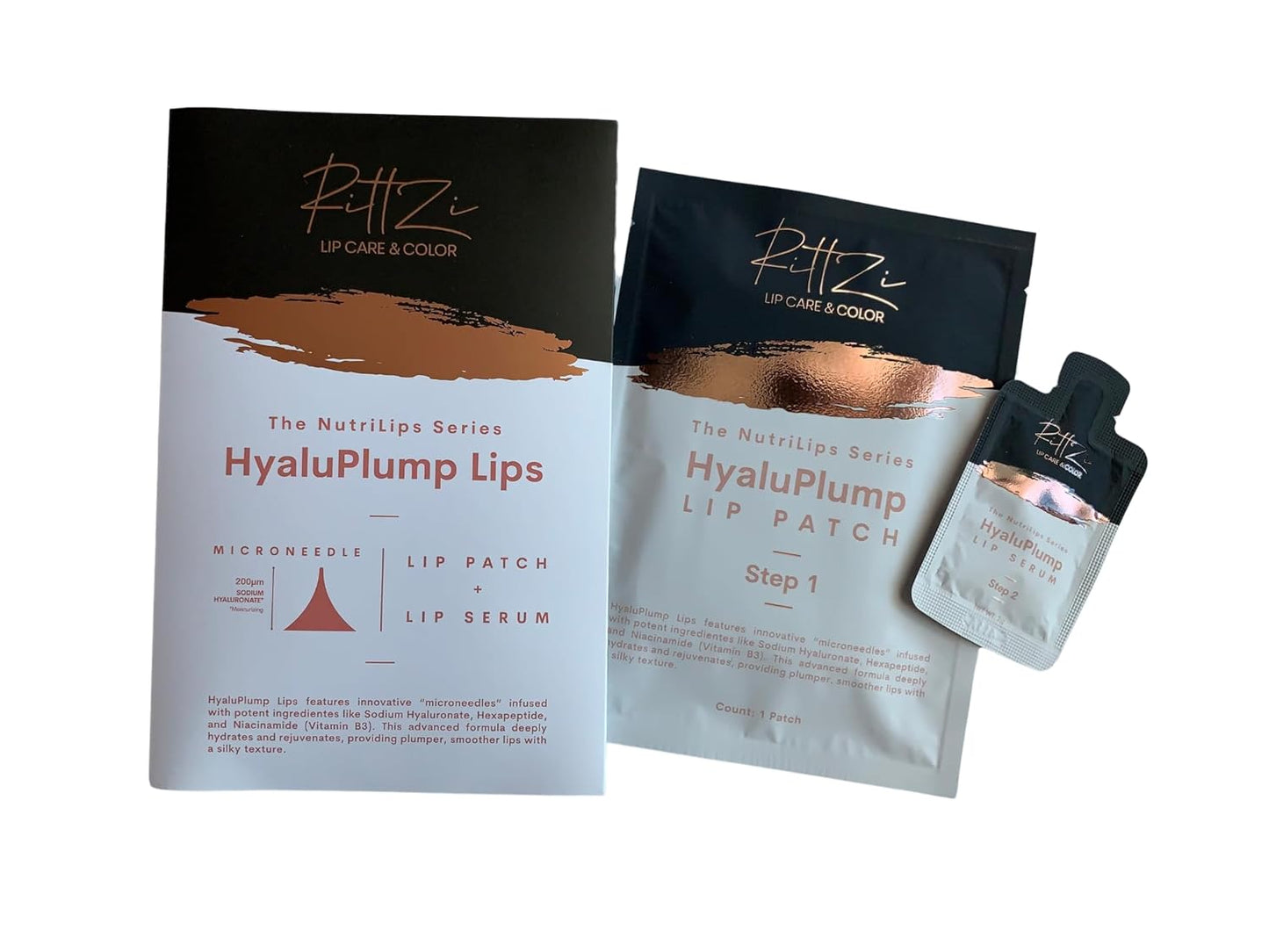 HyaluPlump Lips – Innovative Two-Step Lip Care System Featuring 800 Self-Dissolving Microneedles made from Sodium Hyaluronate, Niacinamide, and Peptides for Hydrated, Plump Lips