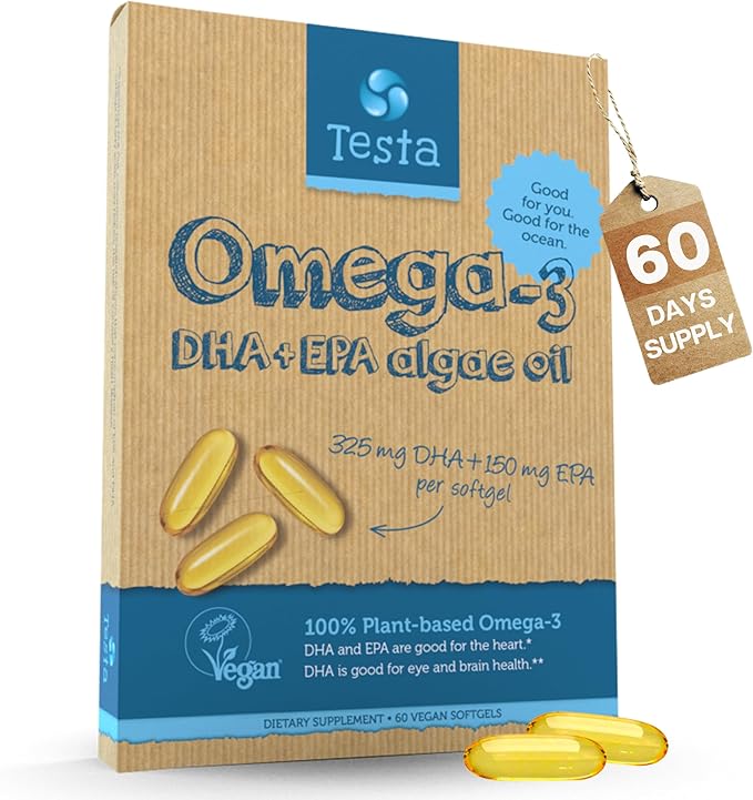 Testa Omega-3 Supplement - Vegan Based Omega 3 DHA EPA Capsules from Algae - Omega 3 Fatty acids - Supports Heart, Brain & Joint Health - Plastic Negative, RTG, and Kosher - Two Months Supply