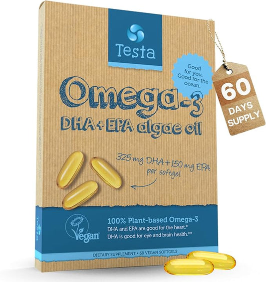 Testa Omega-3 Supplement - Vegan Based Omega 3 DHA EPA Capsules from Algae - Omega 3 Fatty acids - Supports Heart, Brain & Joint Health - Plastic Negative, RTG, and Kosher - Two Months Supply