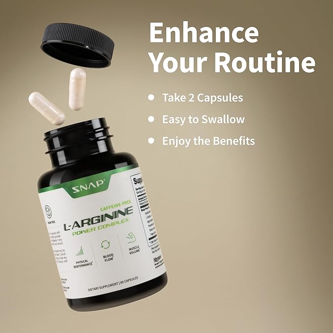 Snap L Arginine Capsules - Blood Circulation Supplements with Nitrosigine & L Citrulline for Natural Energy, Increase Blood Flow & Muscle Growth, Herbs for Cardio Health (60 Capsules)