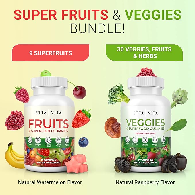 (120 Chews) Fruits and Veggies Supplement - Superfood Fruits and Veggies Gummies (9 Superfruits & 30 Veggies) Mushrooms, Fruit and Vegetable Vitamins, Non-GMO, Pectin-Based, Gluten-Free, No Capsules