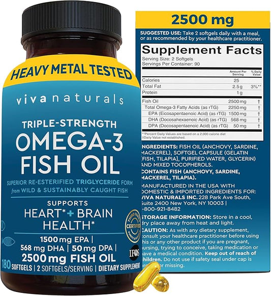 Omega 3 Fish Oil Supplement - 2500 mg Triple Strength Fish Oil Pills with Re-Esterified Omega 3 Fatty Acids Including EPA, DHA DPA - 180 Pescatarian-Friendly Softgels