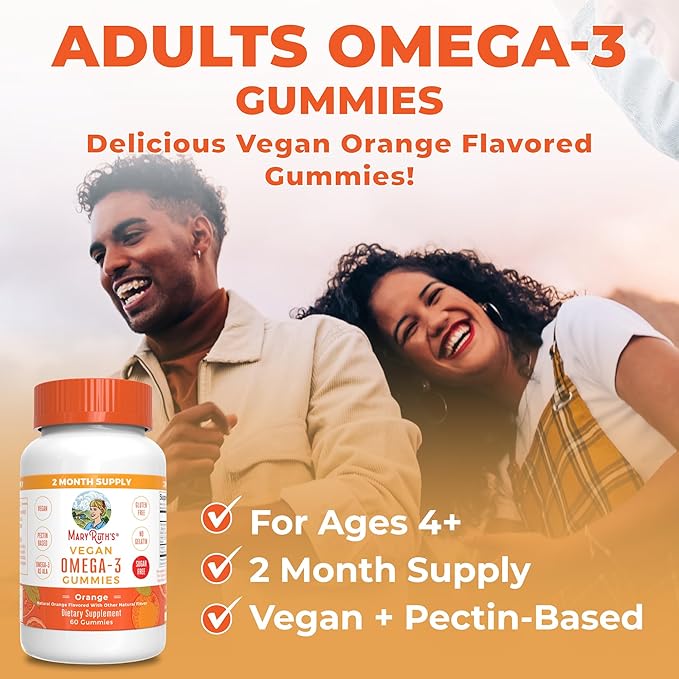MaryRuth Organics Vegan Omega 3 Gummies for Adults | 2 Month Supply | Sugar Free Supplement with Vitamin C | Flaxseed Oil Immune Support | Overall Wellness | No Fish Taste | 60 Count