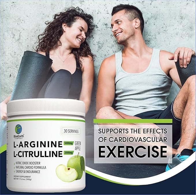 L-Arginine 5000mg + L-Citrulline 2000mg Complex Powder Supplement Drink Mix - Nitric Oxide Booster for Heart Health, Blood Flow & Energy - 30 Servings (Green Apple)