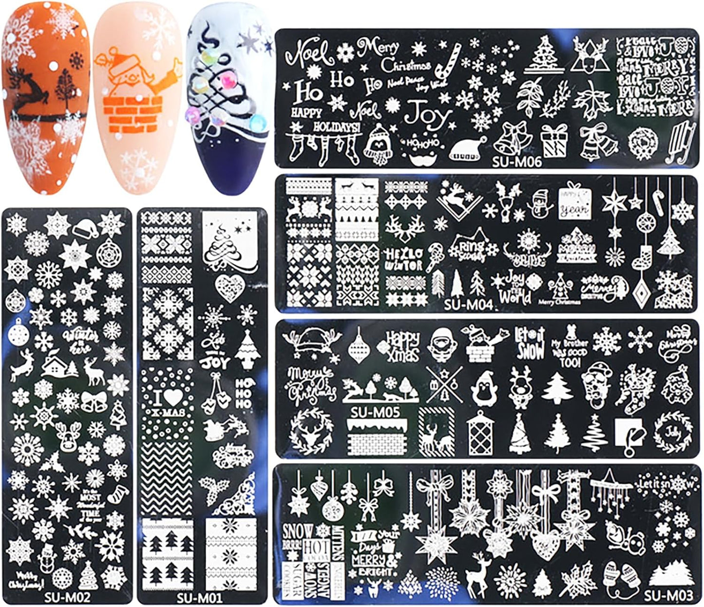 Christmas Nail Art Stamping Plate Kit,Snowflake Snowman Christmas Tree Elk Designs Nail Image Stamp Template Xmas DIY Stainless Steel Nail Image Polish Template Kit 6Pcs
