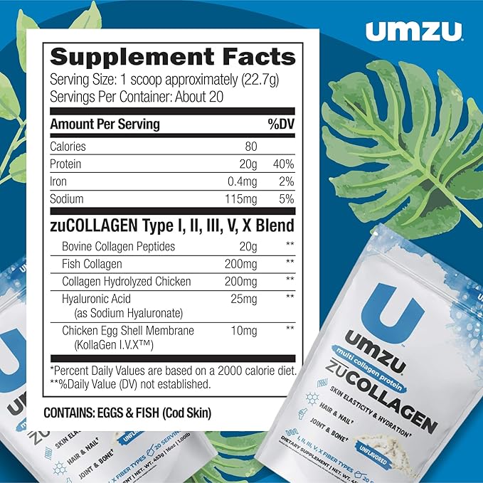 UMZU ZuCollagen Hydrolyzed Protein Powder | 5 Collagen Peptide Types for Healthy Hair, Skin, Nails, Joints & Gut | Low Calorie, High Protein (20g Protein per Serving | Unflavored)