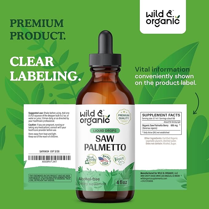 Wild & Organic Saw Palmetto Tincture - Saw Palmetto Liquid Extract Supplement for Men & Women - Saw Palmetto Powder Based Drops - Vegan, Alcohol Free - 4 fl oz