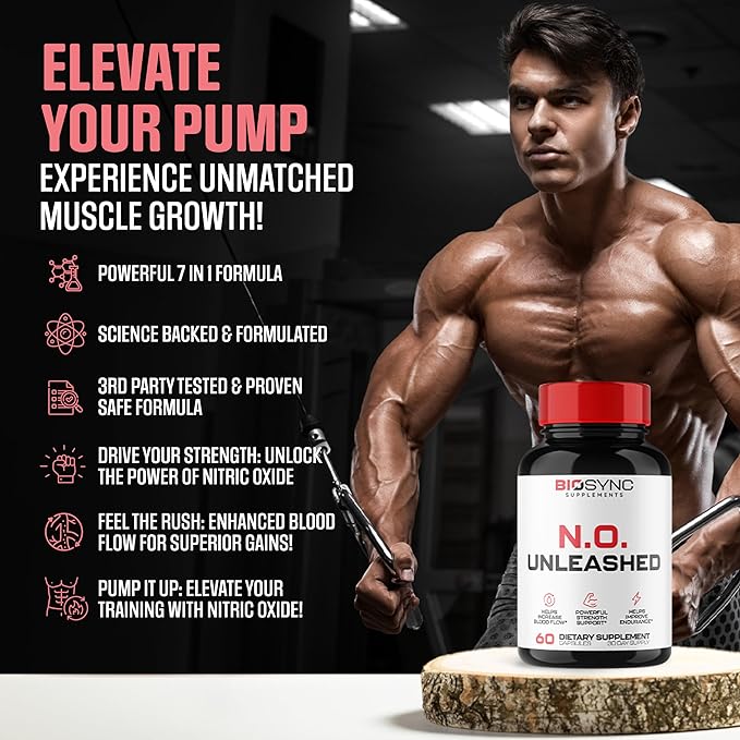 BioSync | #1 New Nitric Oxide Supplement Booster for Men | L Citrulline, L Arginine, Beta Alanine + 4 More Ingredients for Rapid Blood Flow, Skin Splitting Pumps, Strength - 60 Capsules