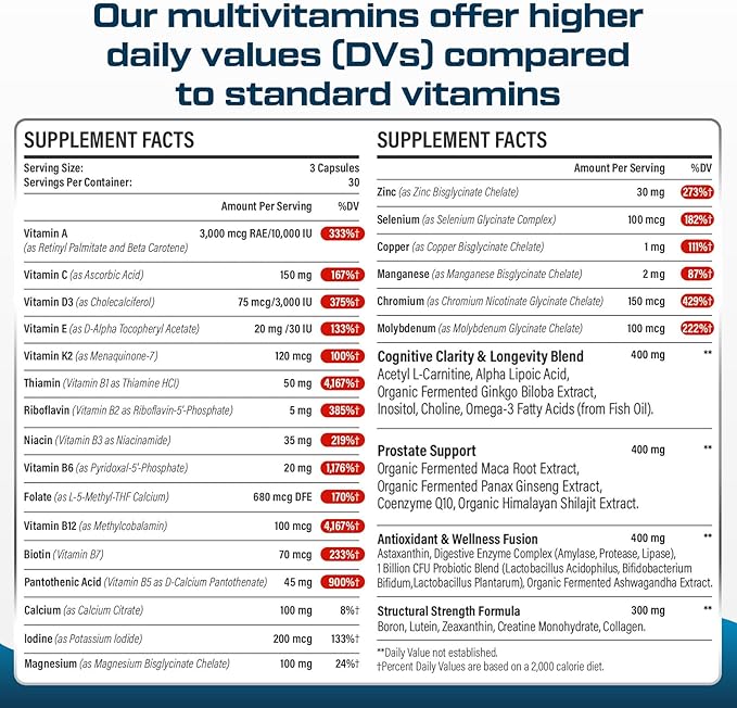 Mens Multivitamins 50 plus - Daily Multivitamin for Men with Fermented Herbal Extracts & 43 Nutrients - Mens Vitamins Multivitamin Supports Memory & Brain, Energy, Bone Health - Supports for Men 18+
