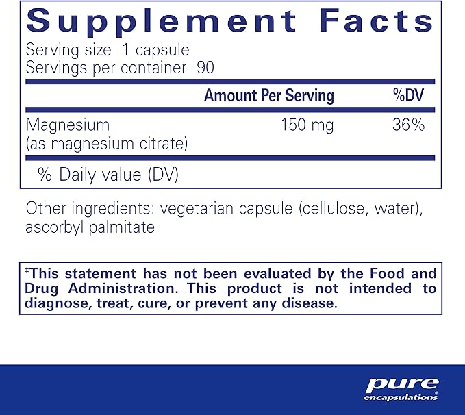 Pure Encapsulations Magnesium (Citrate) - Supplement for Sleep, Heart Health, Cognitive Health, Bone Health, Energy, Muscles, and Metabolism* - with Premium Magnesium - 90 Capsules
