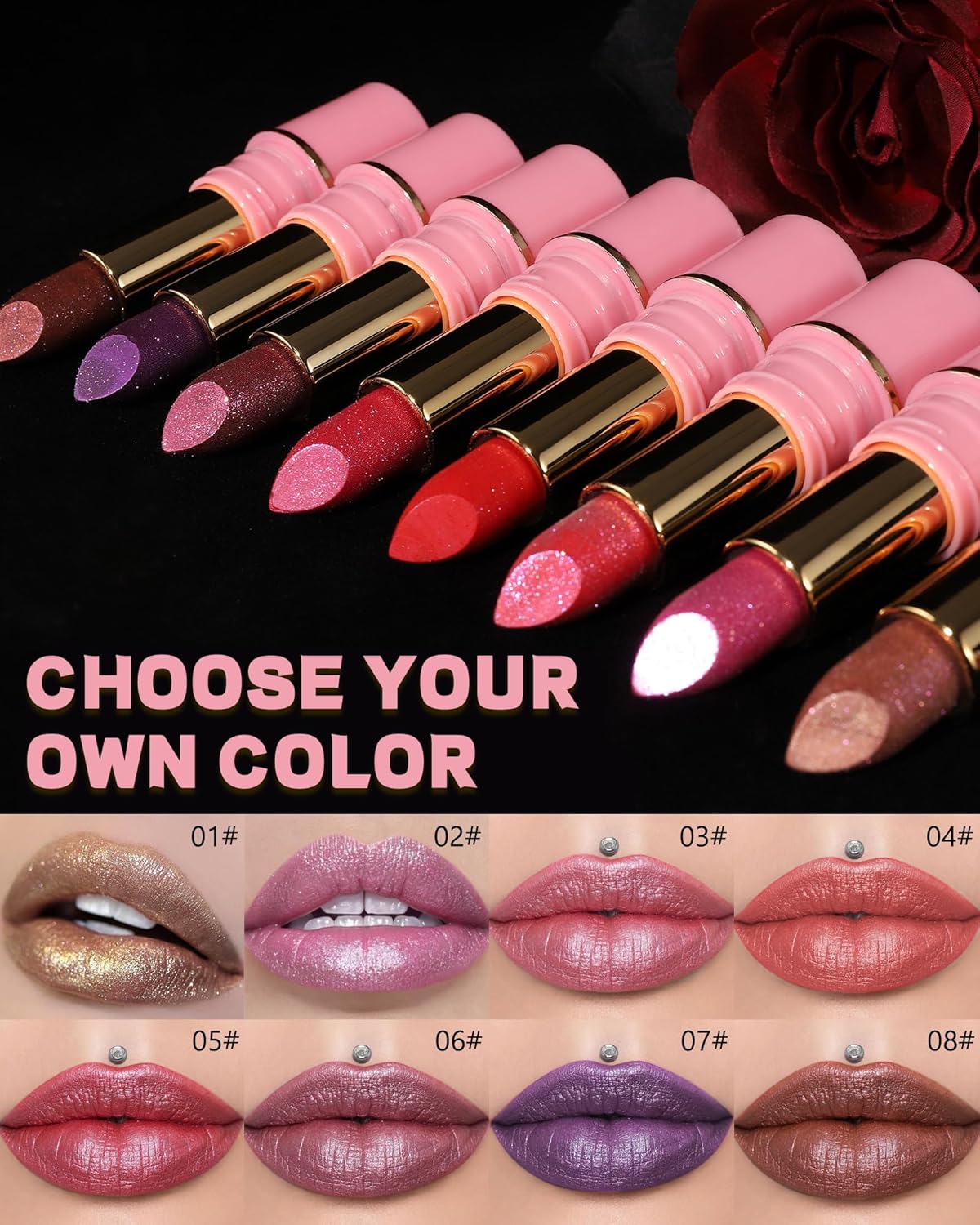 Glitter Metallic Purple Nude Shimmer Lipstick Long Lasting, Glitter Diamond Shine Red Lipstick Transfer Proof Non-Stick Lip Gloss Shimmer Highly Pigmented Full Coverage Lip Makeup for Women-07