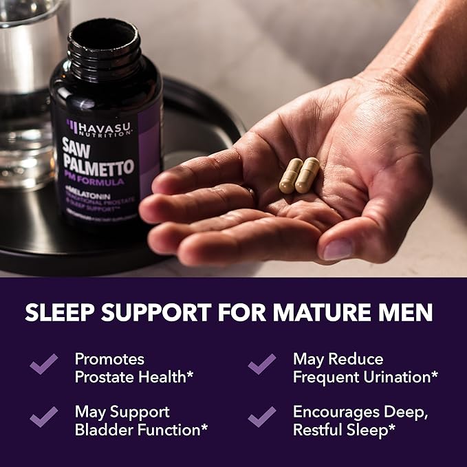 Night Time Saw Palmetto for Men - Saw Palmetto With Melatonin 3 mg and Chamomile Extract - Sleep & Prostate Supplement - Reduce Urinary Frequency for Men & Support Bladder in PM - Over 6 Month Supply
