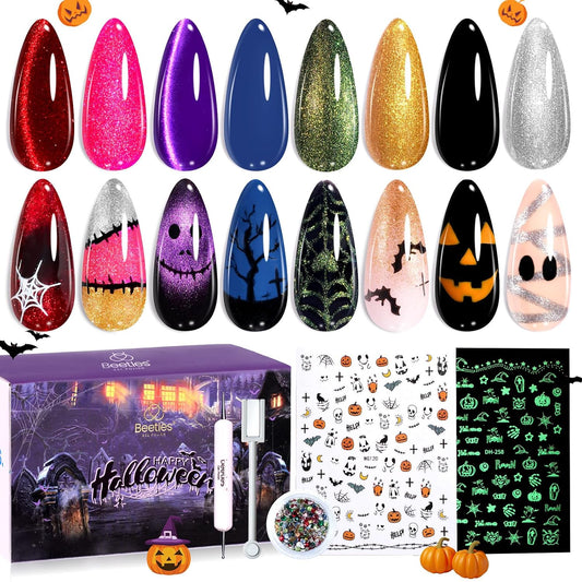 Beetles Halloween Gel Nail Polish Set – Wicked Mystic 8 Colors Gel Polish Kit, Gold Silver Black Green Blue Cat Eye Purple Red Glitter with Nail Art Accessories UV LED Soak Off Manicure Gift for Women