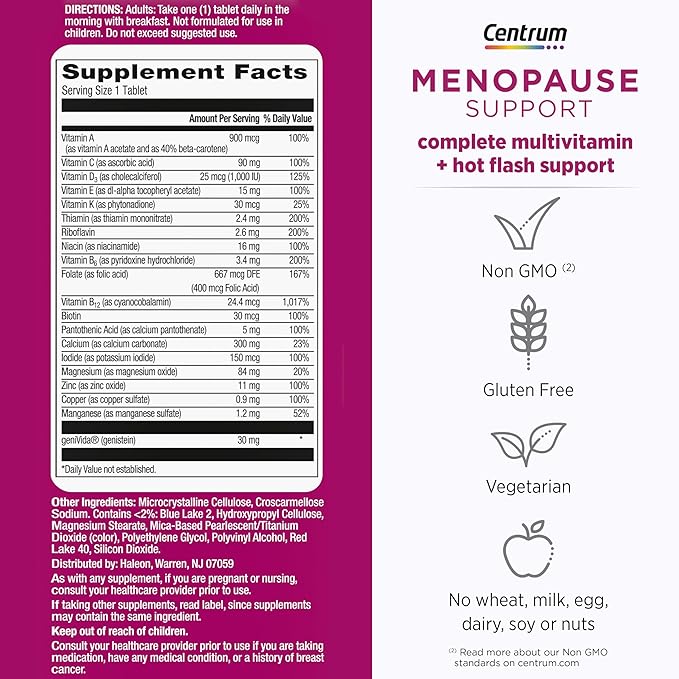 Centrum Complete Multivitamin Supplement + Hot Flash Support Menopause Support Tablets, with Clinically Studied geniVida, 30 Count