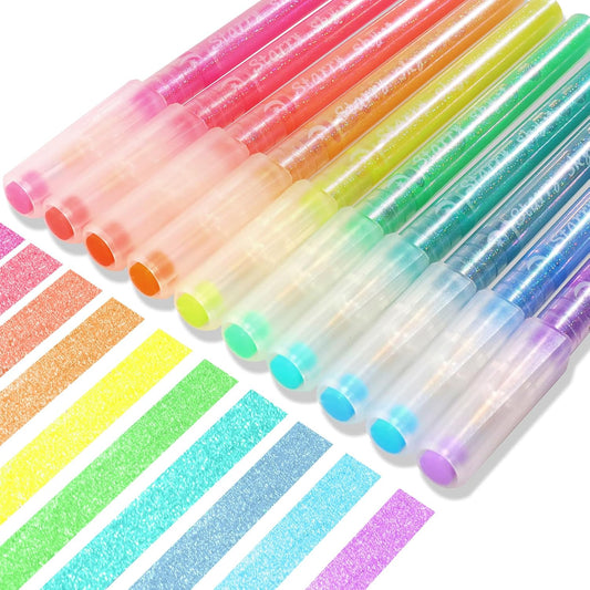 Glitter Highlighters Assorted Colors, 10-Count Chisel Tip Sparkle Highlighters, No Bleed Pastel Highlighter Marker Pens for Adult Coloring book Bible Journaling