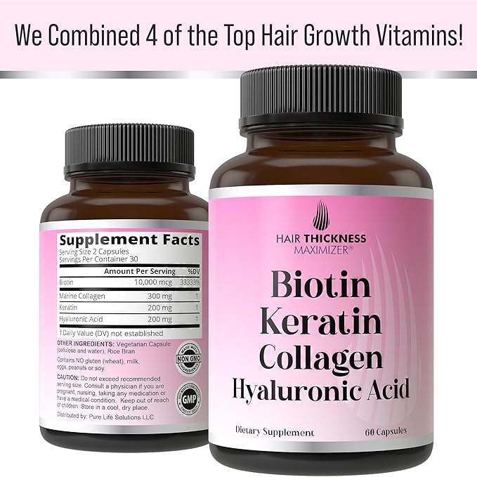 Biotin + Keratin + Marine Collagen + Hyaluronic Acid. Advanced 4-in-1 Hair Growth Vitamins Capsules. Hair Thickening Complex with 10000mcg Biotin. Supplement for Women & Men with Hair Loss, Thinning