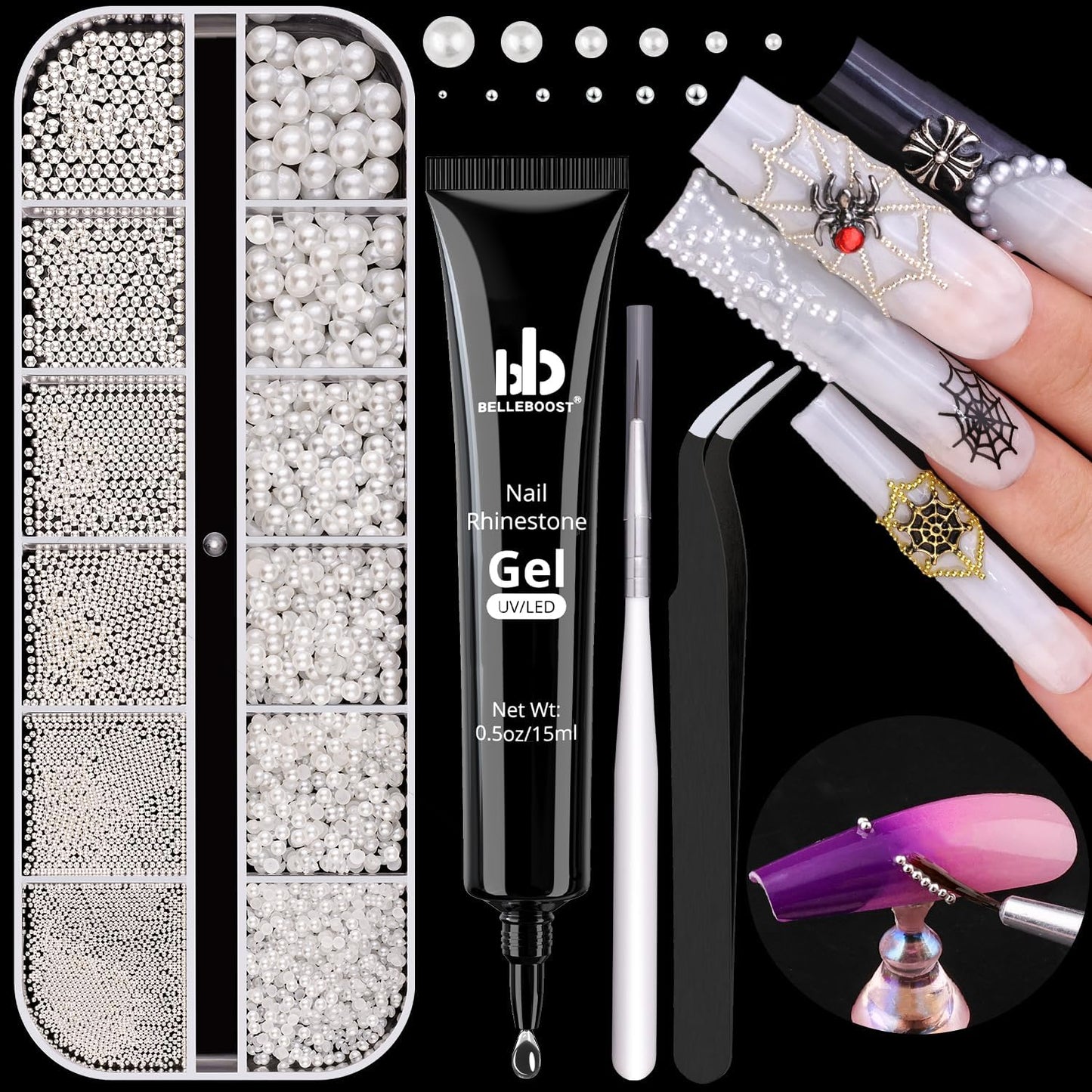 Luxurious Flatback Pearls (White) & Metal Nail Beads (Silver) with Rhinestones Glue Gel for Acrylic Nail Tips Manicure Decor